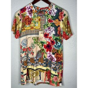 Johnny Was Womens Patchwork Floral Bamboo Spandex Short Sleeve Tee Top